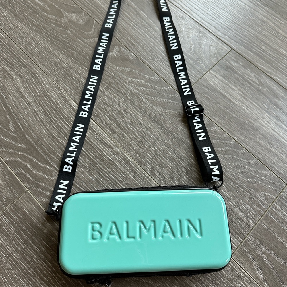 Balmain Mint Green Crossbody Camera Bag with Black Logo Strap